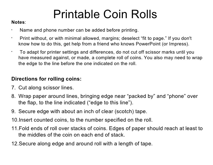 Printable Coin Wrappers Template